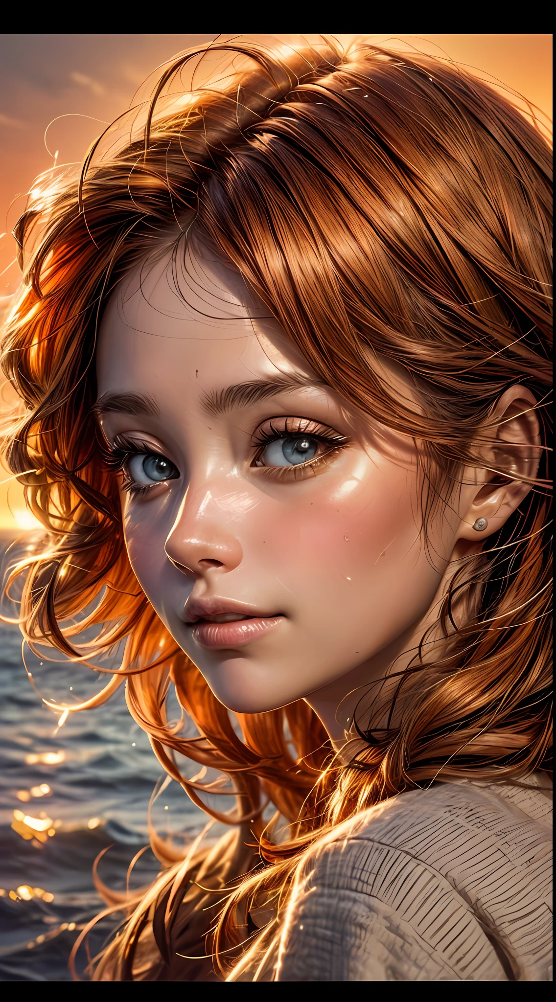여자의 얼굴 클로즈업, 따뜻한 오렌지빛으로 물들다, 마치 석양의 부드러운 빛을 받은 것처럼, 기쁨과 만족으로 반짝이는 그녀의 눈, 흘러내리는 적갈색 머리카락으로 둘러싸인, 사진술, 35mm 렌즈로 촬영