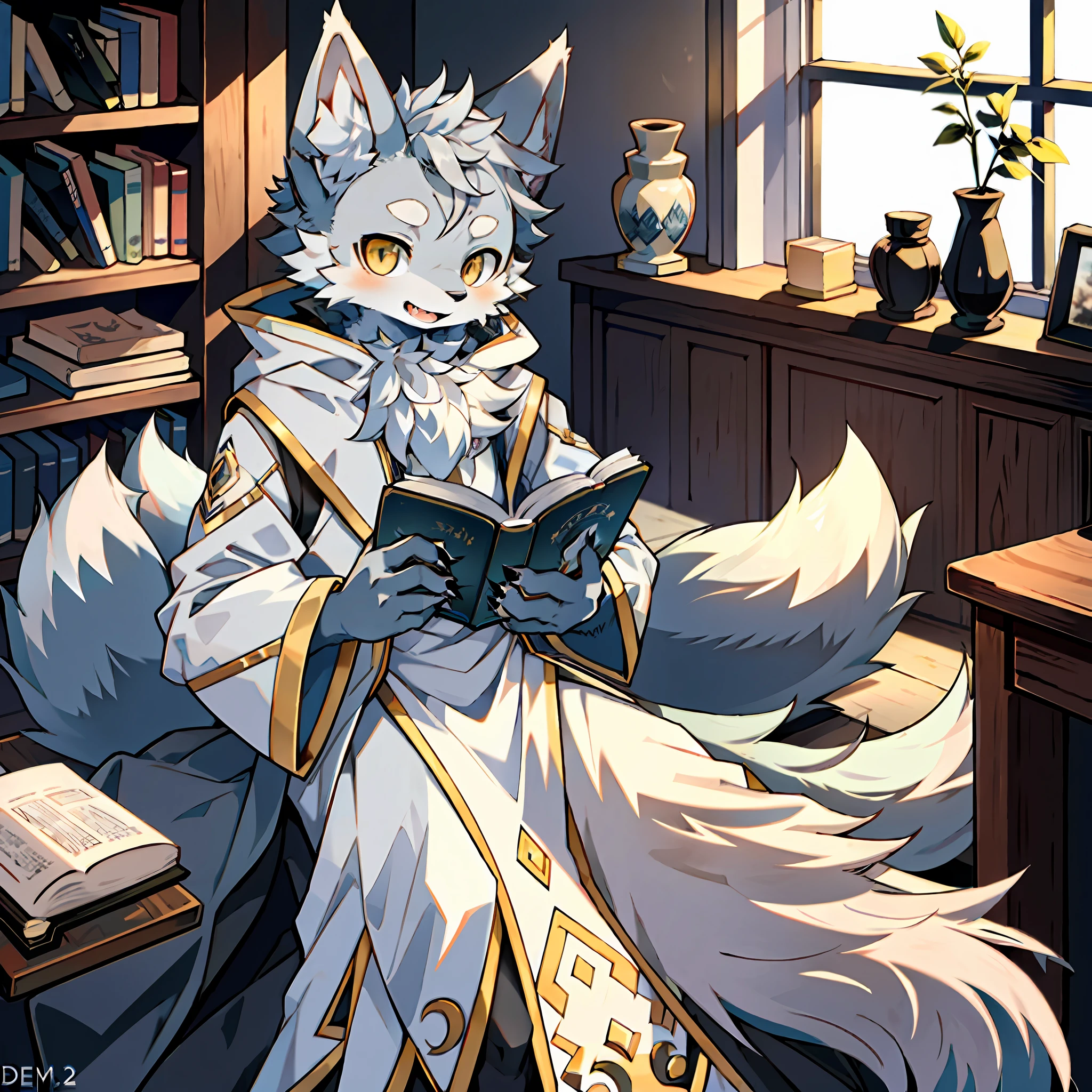 (Best Quality), (Masterpiece), ((Solitary)), (Ultra Detailed), (Furry), (Furry, (Male Arctic Fox: 1.5), (Gray Fur: 1.3), (Fluffy Tail: 1.2), (Golden Eyes), (Sharp Claws), (Gray Ears), Open Mouth, Sharp Focus, (Furry Animal Ears), Straight Face, Looking at the Viewer, ((In the Study)), ((Reading a Book Before Sitting in the Room))), Natural Daylight
