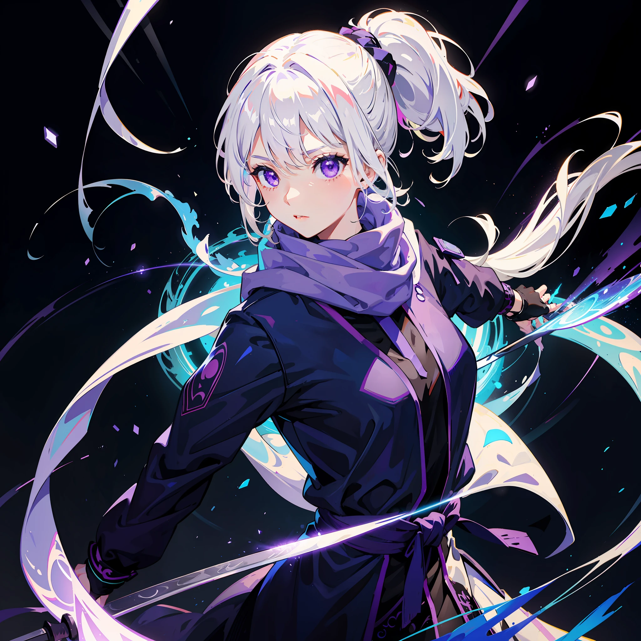 upper body, 1girl, white hair, ponytail, purple eyes, (ninja), short sword, medium breats ,scarf, wallpaper, magic circle background, light particles, blue fire,