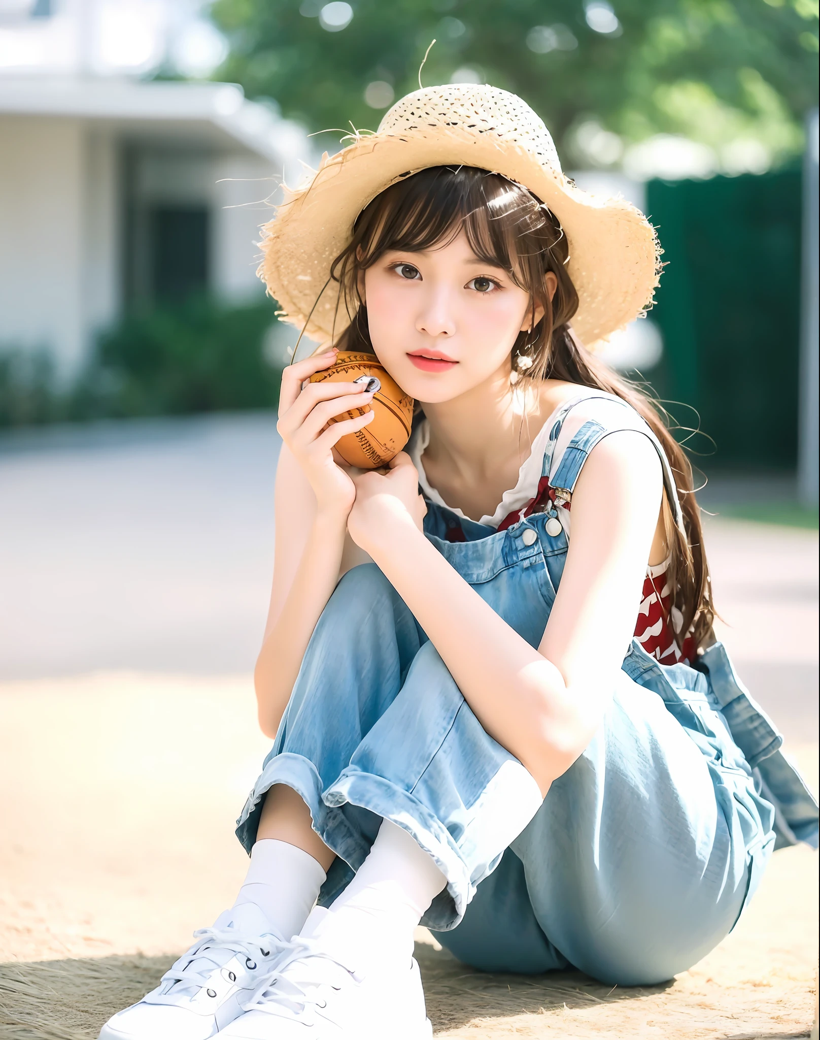 (Masterpiece)), (Best Quality), (detailed), 1 girl, 18 years old, playful expression, medium breasts, long hair, beautiful, natural, not exposed, alafi woman with baseball bat in straw hat and overalls, straw hat, a cute young woman, anime girl in real life, young cute girl in straw hat, Chinese girl, straw hat and overalls, attractive girl, cute thin face for girl, cute young woman, cute - fine face, Cute young girl