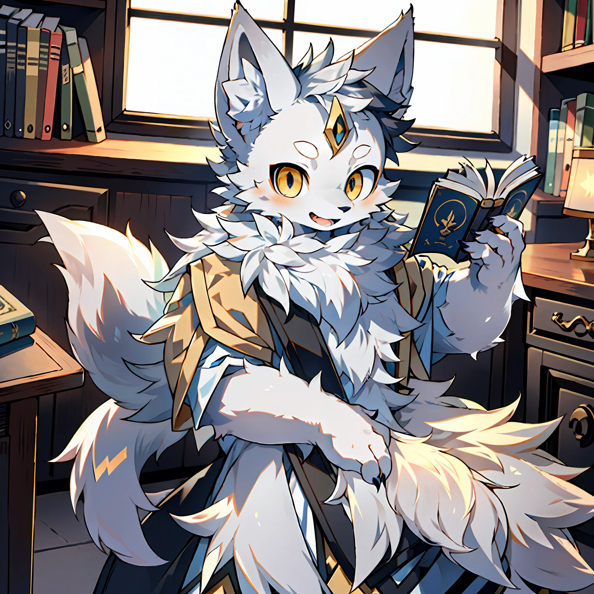(Best Quality), (Masterpiece), ((Solitary)), (Ultra Detailed), (Furry), (Furry, (Male Arctic Fox: 1.5), (Gray Fur: 1.3), (Fluffy Tail: 1.2), (Golden Eyes), (Sharp Claws), (Gray Ears), Open Mouth, Sharp Focus, (Furry Animal Ears), Straight Face, Looking at the Viewer, ((In the Study)), ((Reading a Book Before Sitting in the Room))), Natural Daylight