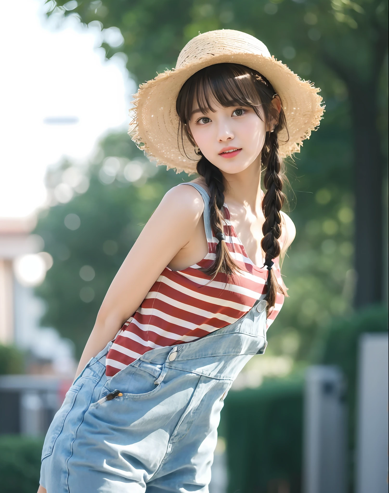 (Masterpiece)), (Best Quality), (detailed), 1 girl, 18 years old, playful expression, medium breasts, long hair, beautiful, natural, not exposed, alafi woman with baseball bat in straw hat and overalls, straw hat, a cute young woman, anime girl in real life, young cute girl in straw hat, Chinese girl, straw hat and overalls, attractive girl, cute thin face for girl, cute young woman, cute - fine face, Cute young girl