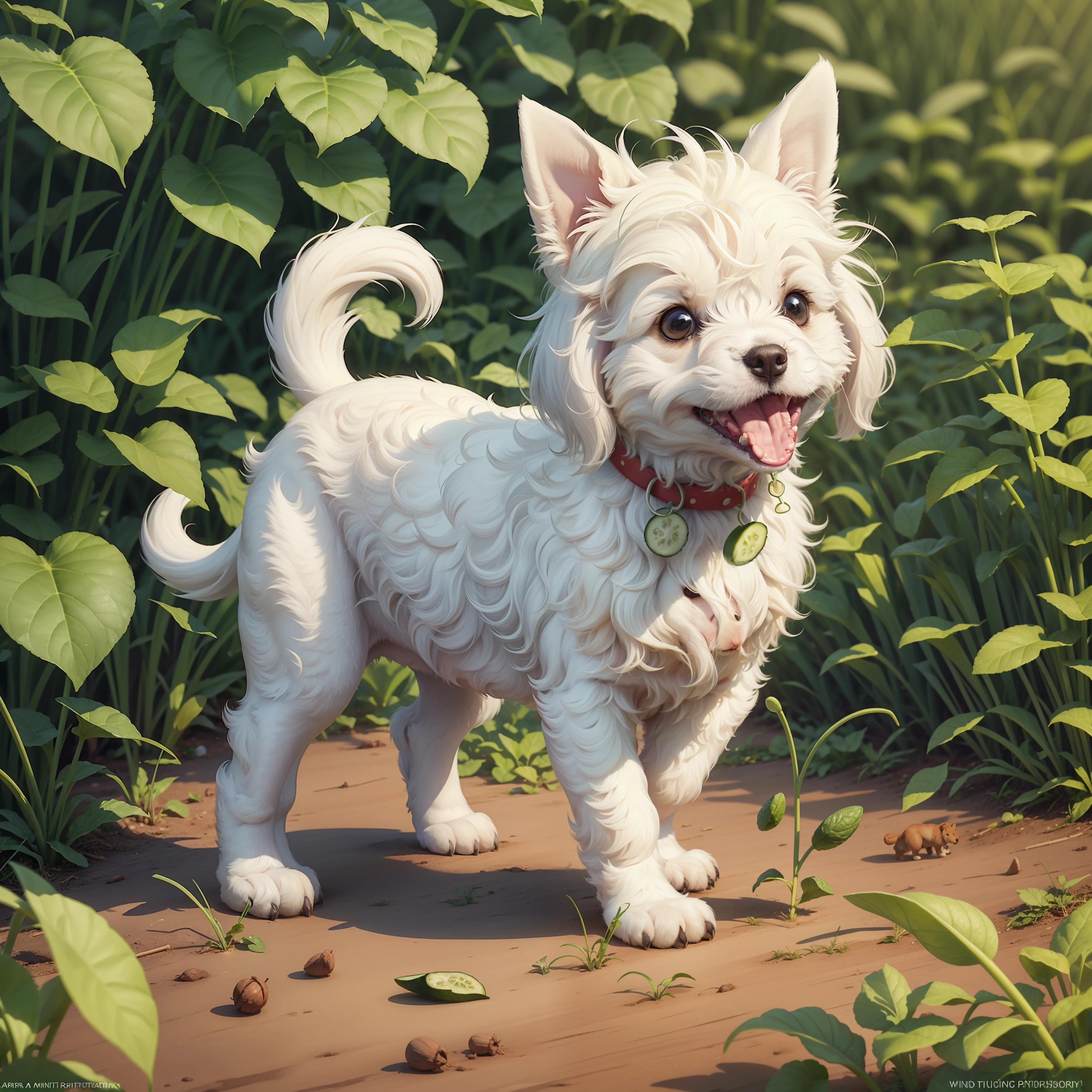 Puppy eating cucumber in the field, standing on its hind legs, holding a cucumber with its front legs, animated, Maltese,  body shape with a popping belly, white hair, realistic 8K --auto --s2