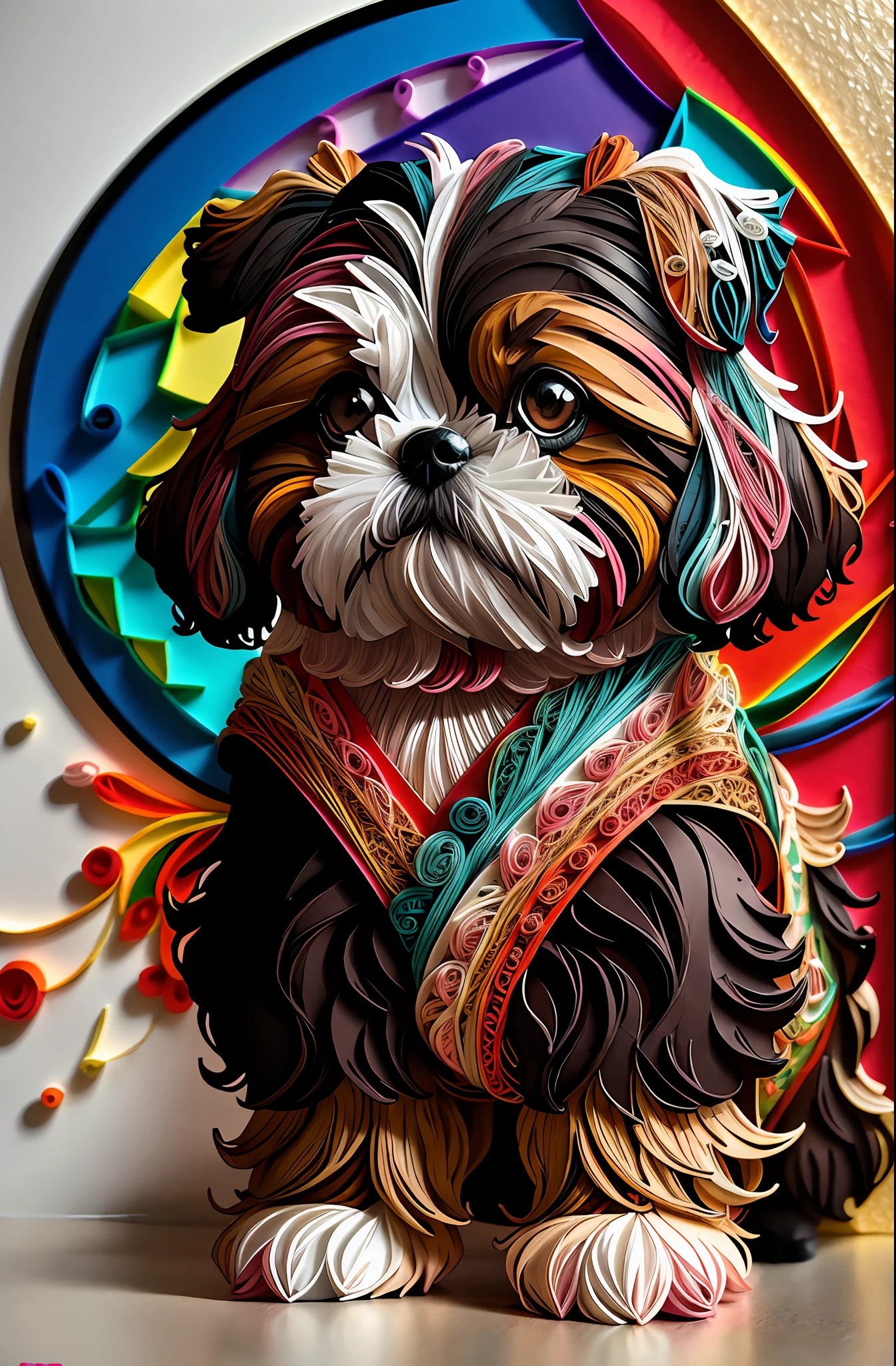 Meisterwerke, Top Qualität, beste Qualität), schöner Shih Tzu Hund, Kunst auf mehrdimensionalem Quilling-Papier, schöne und farbenfrohe Ästhetik, yang08k-Stil.