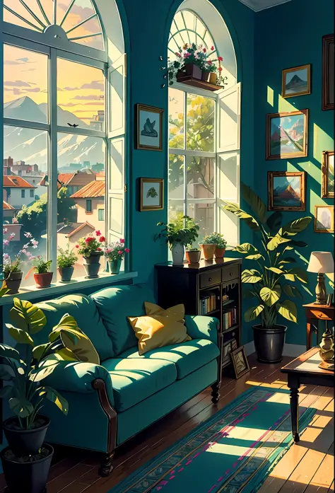 Terrace studio, huge, plants in pots, flowers in a vase, figurines, rocking chair, birds, cat, expensive and cozy interior, crea...