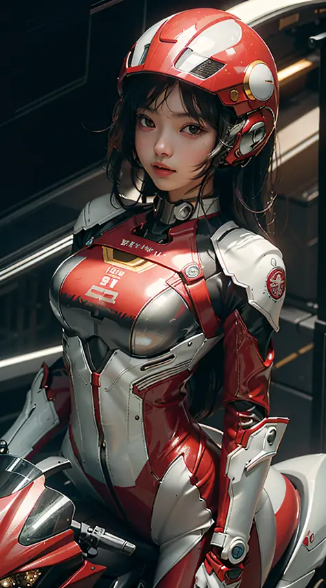 Highest image quality, outstanding details, ultra-high resolution, (fidelity: 1.4), the best illustration, favor details, highly condensed 1girl, with a delicate and beautiful face, wearing a red mecha, wearing a mecha helmet, holding a direction controlle...