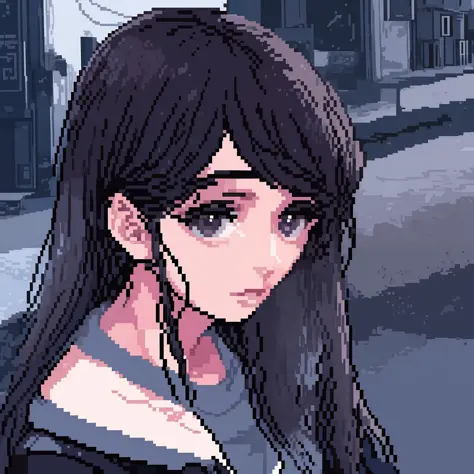 girl, black coat, black hair, abandoned house, completely in pixel art