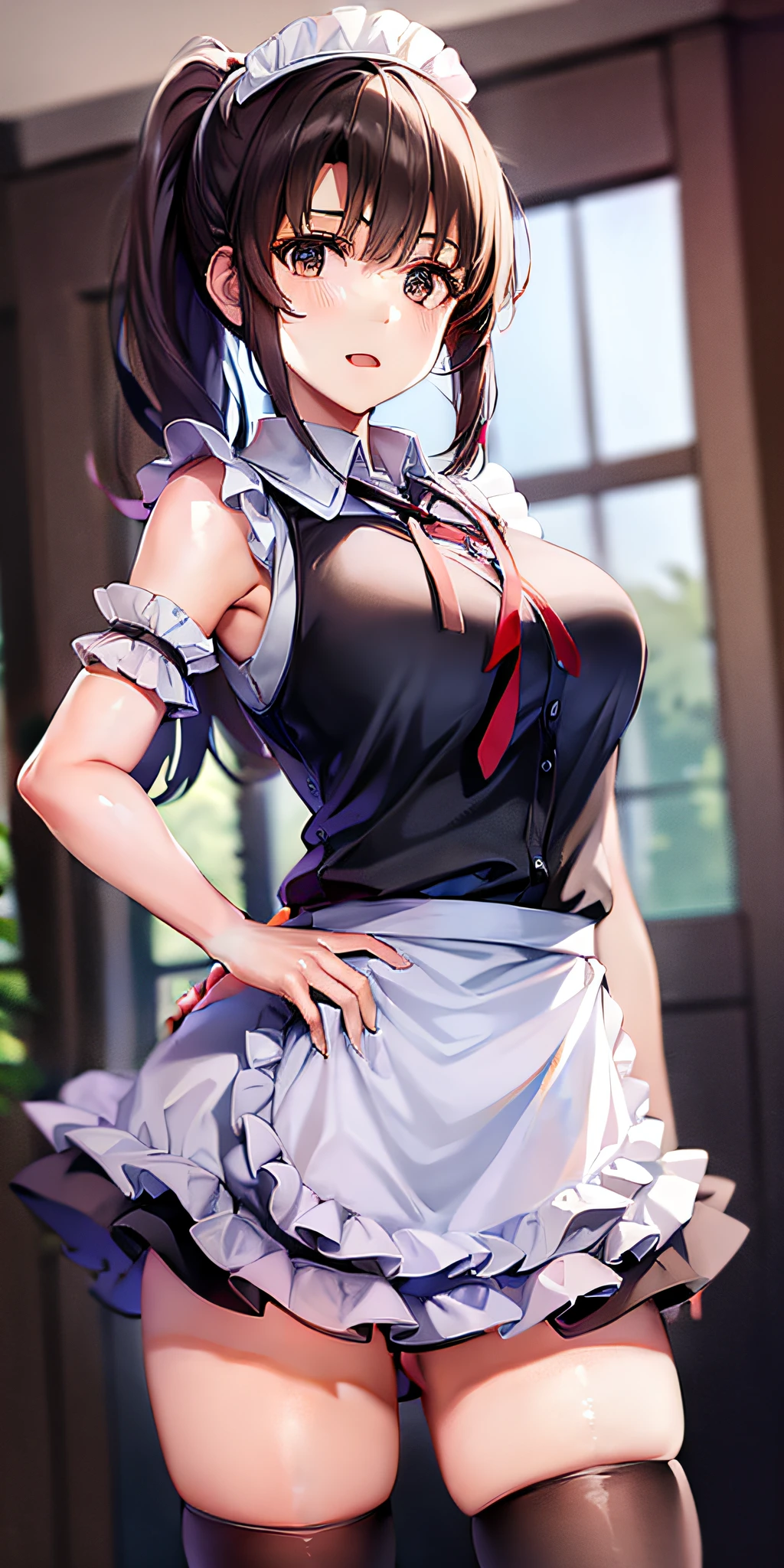 (((masterpiece))), best quality, highres, cowboy shot Megumi, ponytail, medium breasts, hmkm1, school solo, fake animal ears, white thigh highs, maid headdress, detached sleeves, black skirt, white apron, sleeveless shirt, white shirt, black necktie, frilled apron, hand on hip, hide hand, open mouth, smile, dramatic light, indoor, maid coffee