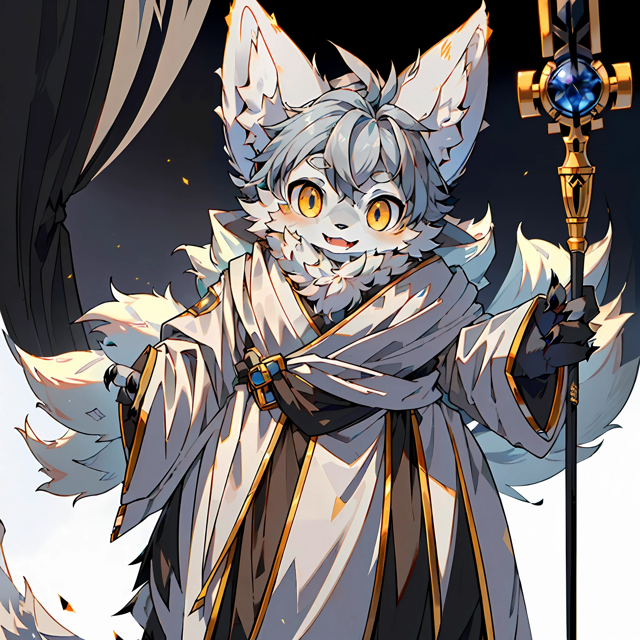 (Best Quality), (Masterpiece), ((Solitary), (Ultra Detailed), (Furry), (Furry), (Male Arctic Fox: 1.5), (Gray Fur: 1.3), (Fluffy Tail: 1.2), (Golden Eyes), (Sharp Claws), (Grey Ears), Open Mouth, Sharp Focus, (Furry Feeling of Animal Ears), Front Face, Look at the Viewer, Magician, Magician Robe, Magic Hat, Magic Cane