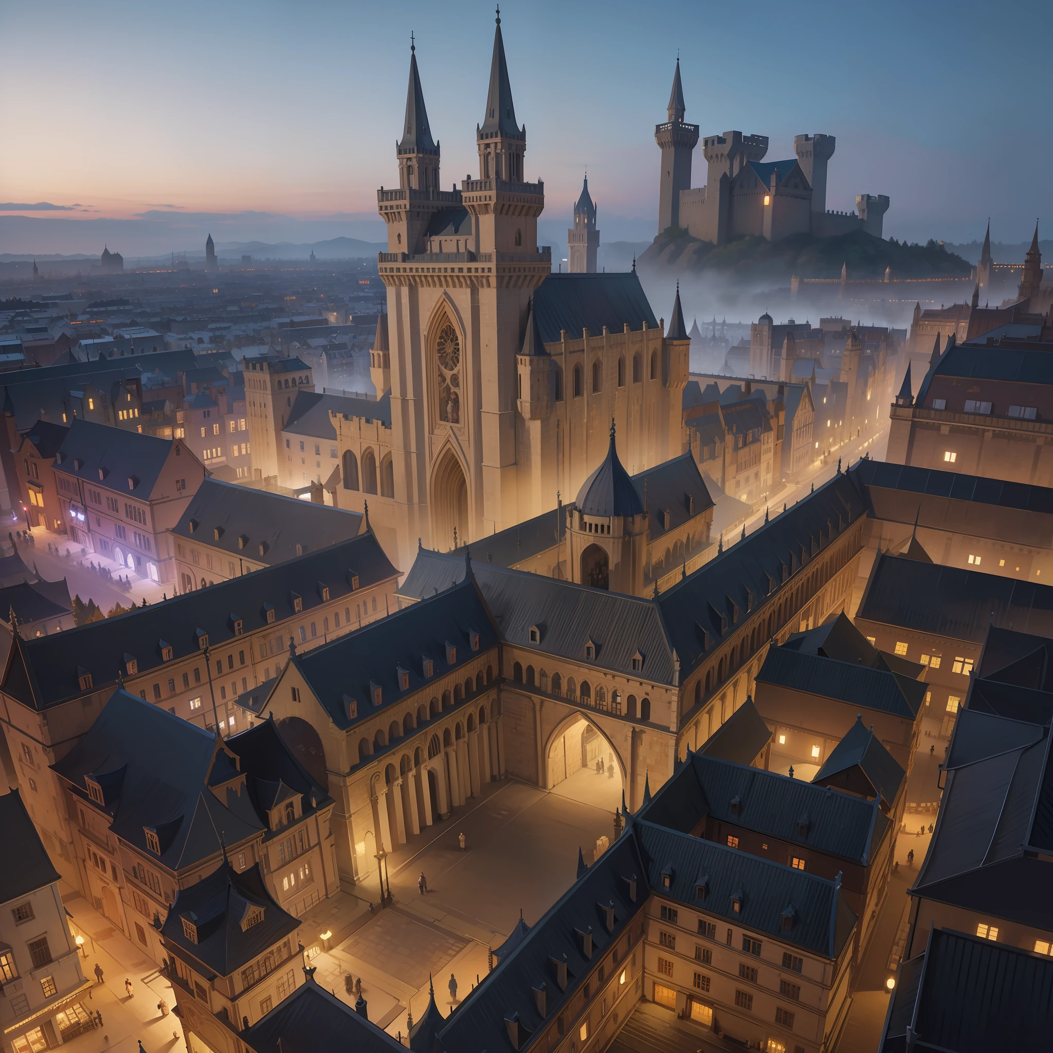 dark fantasy city, medieval fantasy, medieval, large walled city, towers, walls, streets, castle, temple, market, district, ultra realistic, 8k