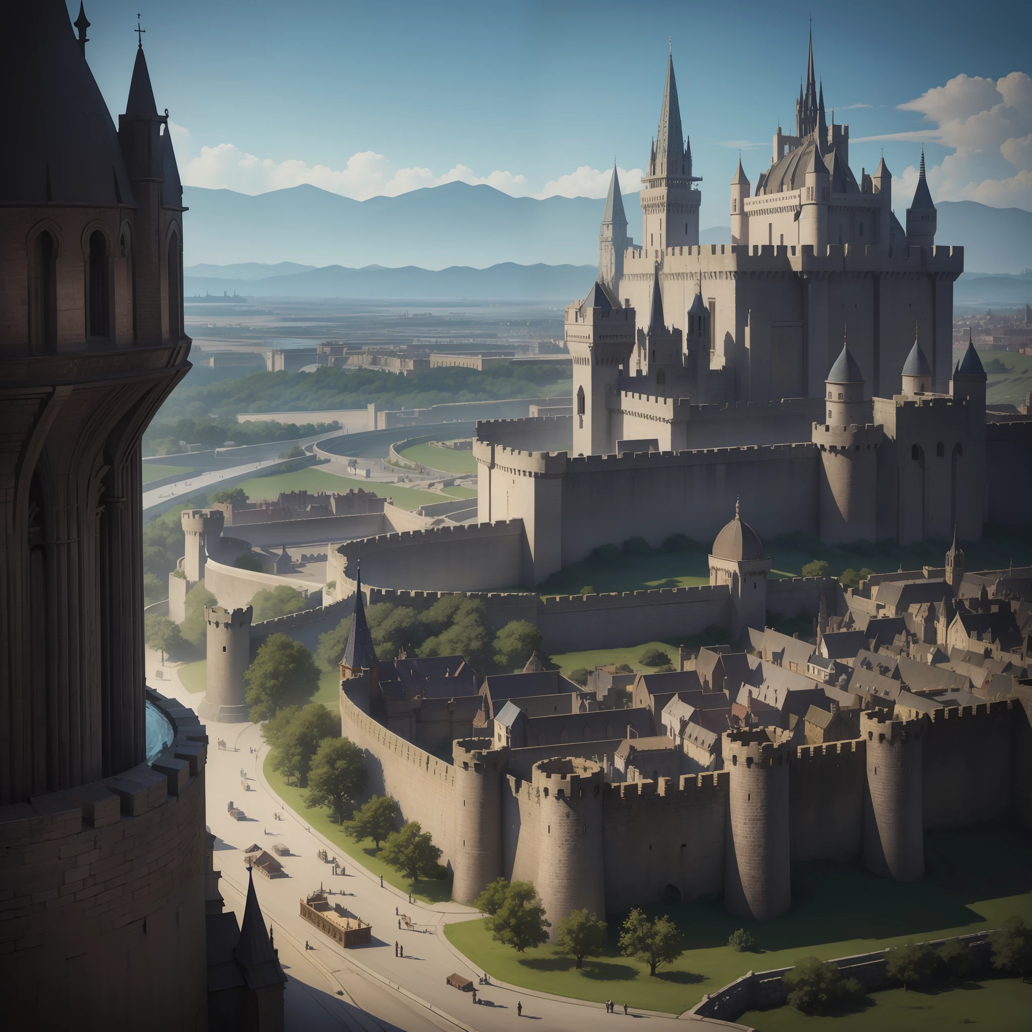 dark fantasy city, medieval fantasy, medieval, large walled city, towers, walls, streets, castle, temple, market, district, ultra realistic, 8k