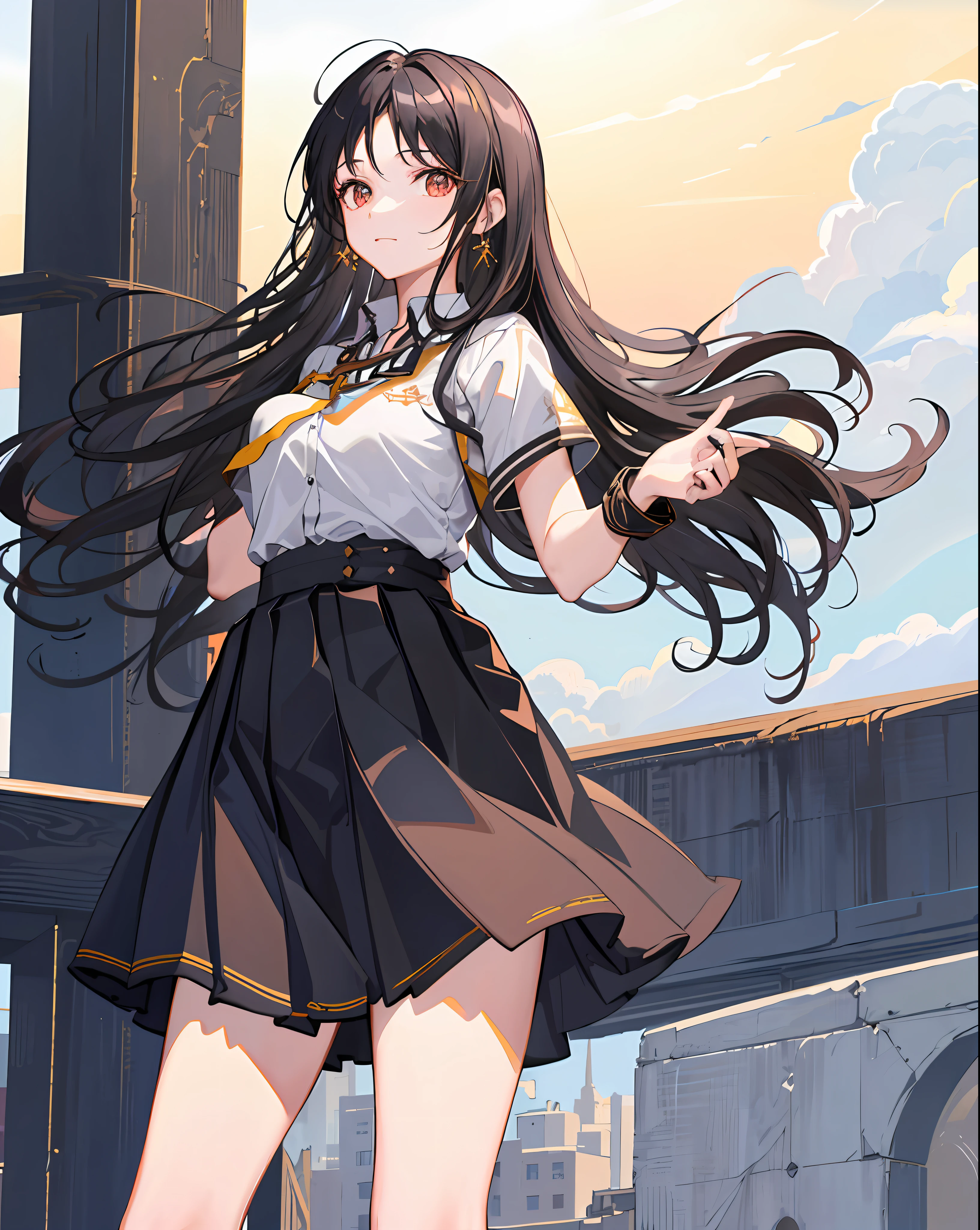 Ishtar \ (Destiny\), 1 Girl, Solo, Cowboy Shooting, , black_hair, ((School Uniform: 1.2)), Outdoor, Classroom, Royal Sister