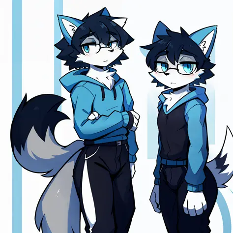 Solo, shaggy, furry male, minor, full body fur, gray-blue fur, gray-blue sweatshirt, gray-black trousers, black hair, black glasses, blue eyes, small canine, fluffy blue tail, male, serious, short hair, reference sheet