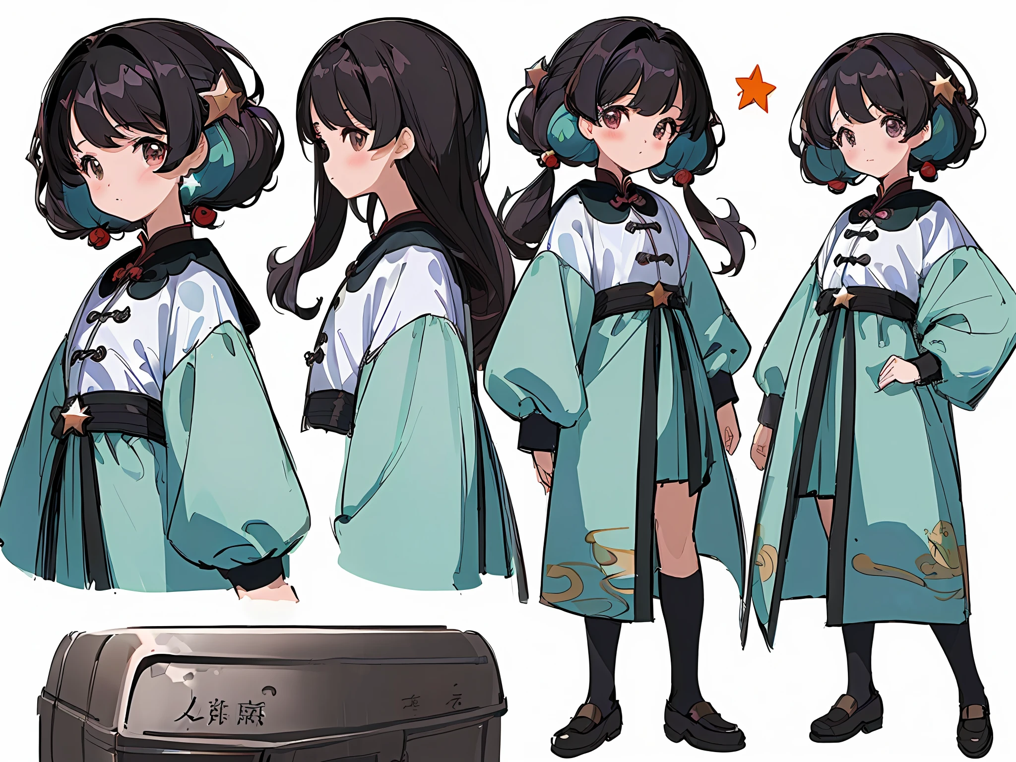 ((masterpiece)),(((best quality))),(character design sheet, same character, front, side, back), illustration, 1 girl, hair color, bangs, hairstyle fax, eyes, environment change scene, Hairstyle Fax, Pose Zitai, Female, Shirt Shangyi, Star, Charturnbetalora, (simple background, white background: 1.3)