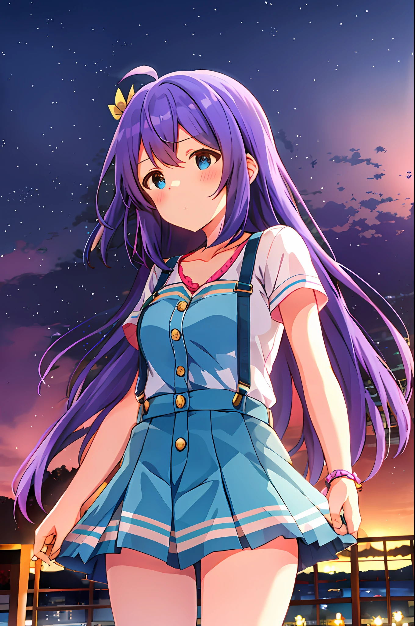 Anna Mochizuki (Million Live), (Top Quality, 8K, Masterpiece, Super Detail: 1.2), 1 Girl, Suspender Clothes.Skirt.Blushing, Clavicle, Bow, Ribbon, Blue Bow.Night.Nightview.Outdoors.