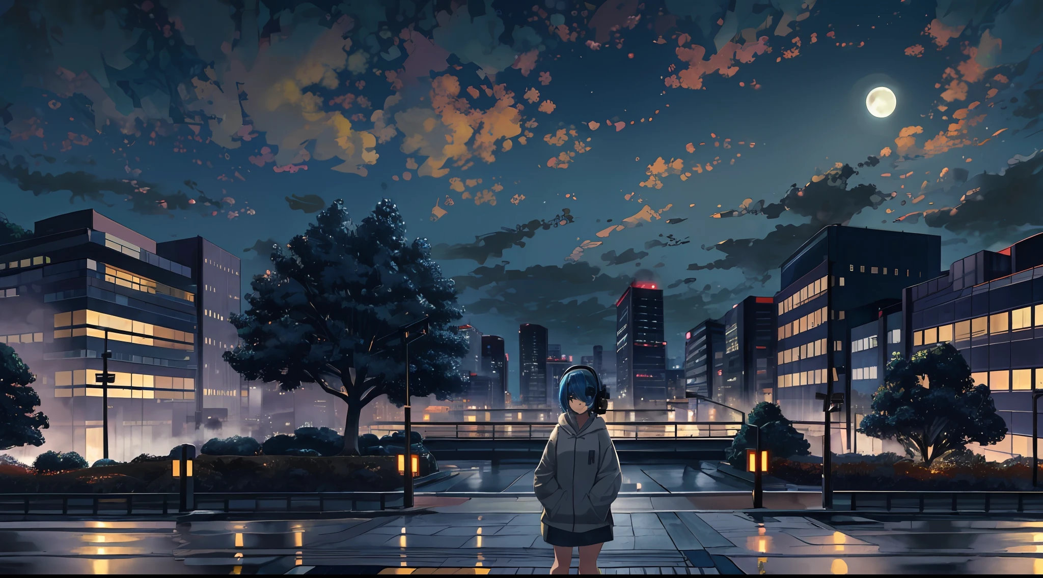 Japan, High Resolution, Best Quality, Illustration, Ultra Detailed, (Detailed Face), Soft Lighting, Best Quality, Foggy Glow, Dreamy Atmosphere, Ultra Detail, Masterpiece, One Girl, Solo, Night, Hair Over One Eye, Headphones, Hoodie, Outdoors, Night,Full Moon, Clouds, Skyscraper in the background, Industry, Public transport, Urban, Building concrete, concrete, sidewalk, busy, tree, autumn, falling, leaves, blue-haired, expressionless, mouth closed,((Wide shot)), Wide stance, shot from a distance, (((((Landscape)))