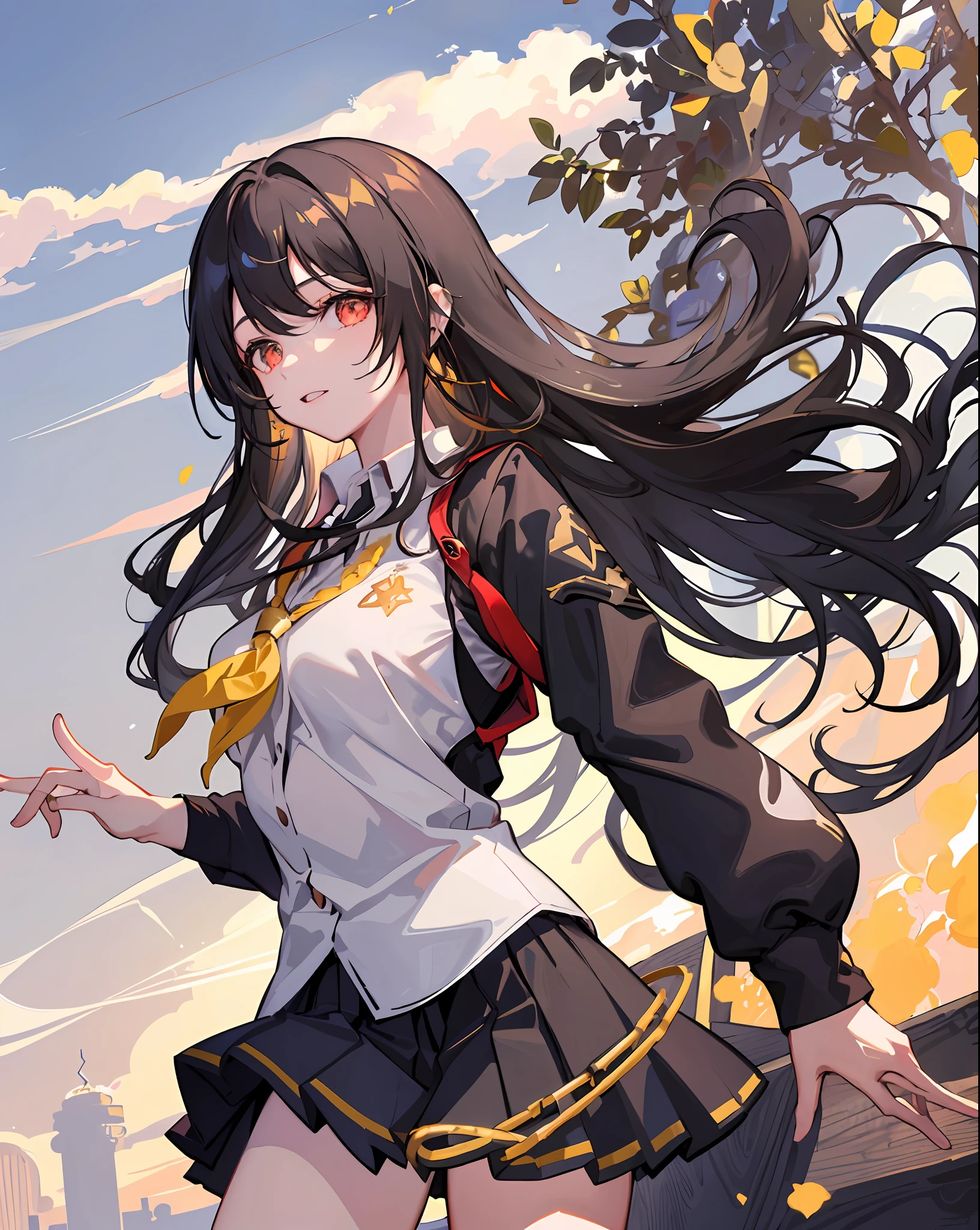 Ishtar \ (Destiny\), 1 Girl, Solo, Cowboy Shooting, , black_hair, ((School Uniform: 1.2)), Outdoor, Classroom, Royal Sister