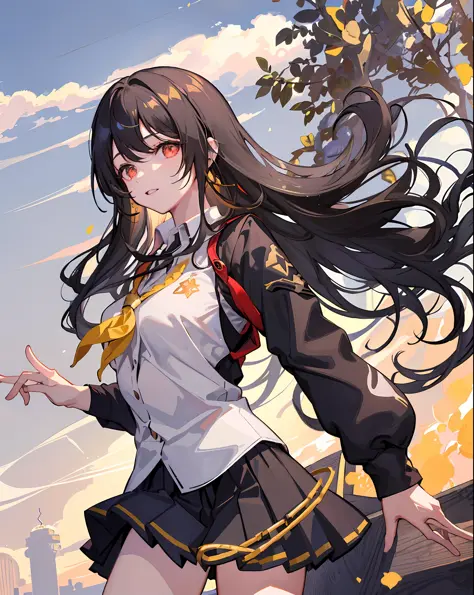 ishtar \ (destiny\), 1 girl, solo, cowboy shooting, , black_hair, ((school uniform: 1.2)), outdoor, classroom, royal sister