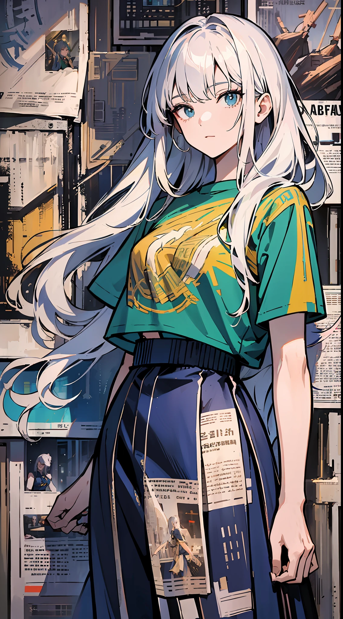 On the street, cyberpunk, a girl standing in front of a wall with newspaper pasted on the wall, silver hair, long hair, facial focus, black eyes, witty and beautiful facial features, green print t-shirt, apricot long skirt, split long skirt, embroidery pattern, dynamic pose, HDR, detailed details, fashion, cinematic light, detailed clothing texture, game CG, bright art style