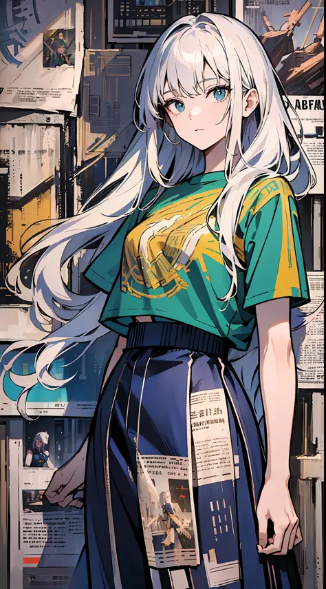 On the street, cyberpunk, a girl standing in front of a wall with newspaper pasted on the wall, silver hair, long hair, facial f...