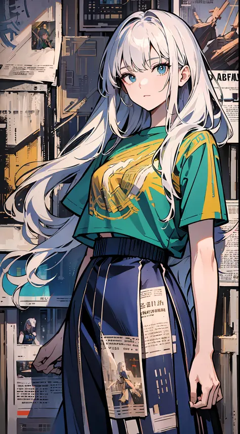 on the street, cyberpunk, a girl standing in front of a wall with newspaper pasted on the wall, silver hair, long hair, facial f...