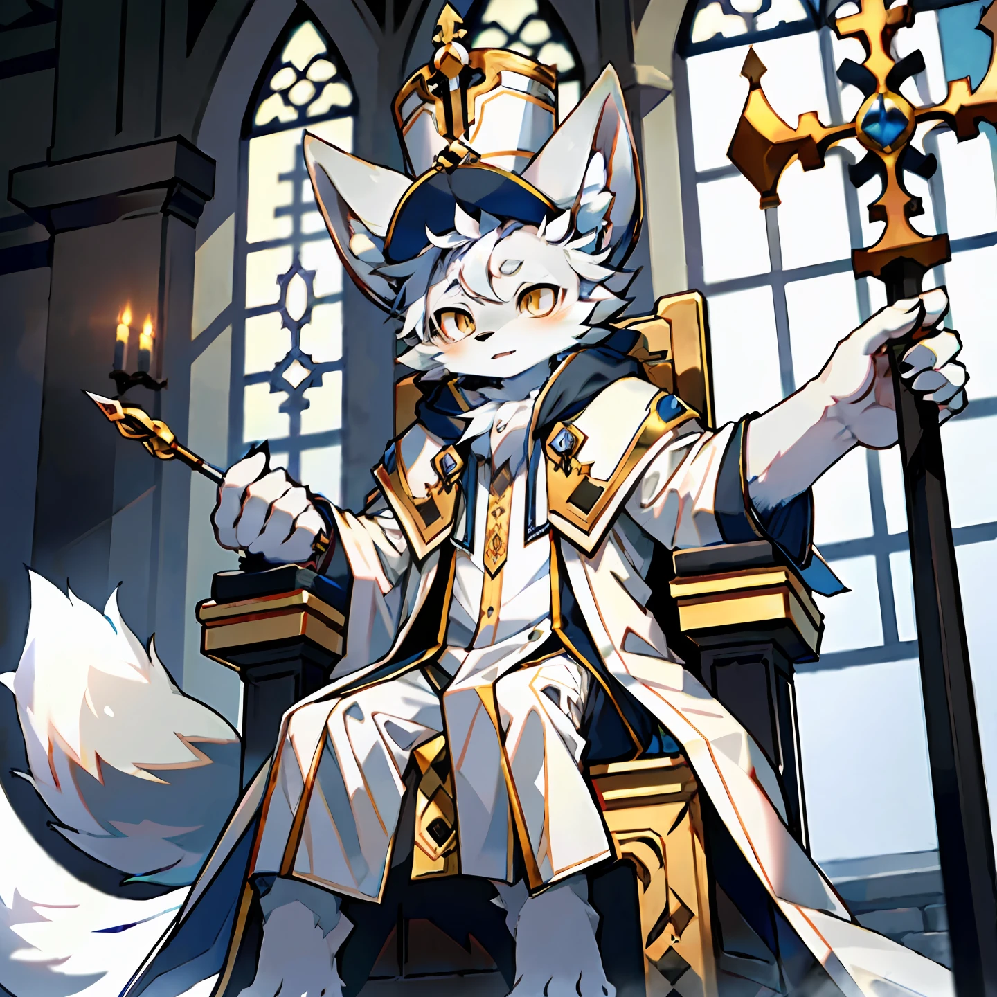 (Best Quality), (Masterpiece), ((Single)), (Ultra Detailed), (Furry), Furry, (Male Arctic Fox: 1.5), (Gray Skin: 1.3), (Fluffy Tail: 1.2), (Golden Eyes), (Arctic Fox's Paws), (Grey Ears), Serious Expression, Sharp Focus, (Furry Feeling of Animal Ears), Magician, Sorcerer's Robe, (Pope's Hat), Magic Staff, ((Sitting on a Luxurious Throne)), In the Church, (Dim), Detailed background
