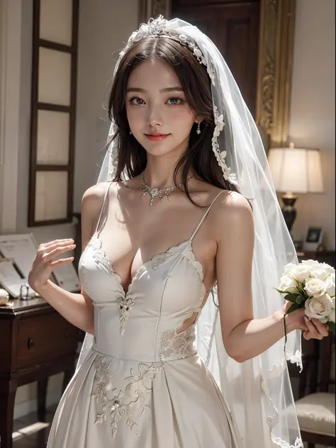 1 girl, smile, shiny skin, delicate face, best quality, masterpiece, (realistic: 1.4), wedding dress, random hairstyle, perfect figure, big breasts,