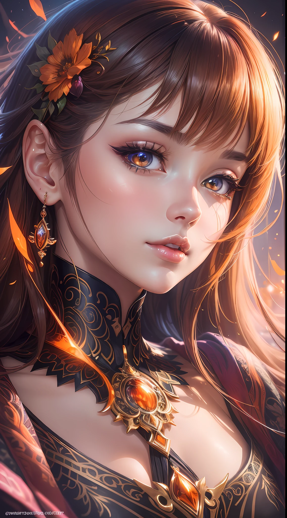 Eine hochwertige Nahaufnahme des Gesichts einer Frau, mit makelloser Wiedergabe jedes kleinsten Details, Ihre Augen leuchten in lebendigen Anime-Farben, die warmen Orangetöne erzeugen ein faszinierendes Leuchten, ihre bezaubernde Schönheit einfangen, Illustration im Anime-Stil, digital art, -