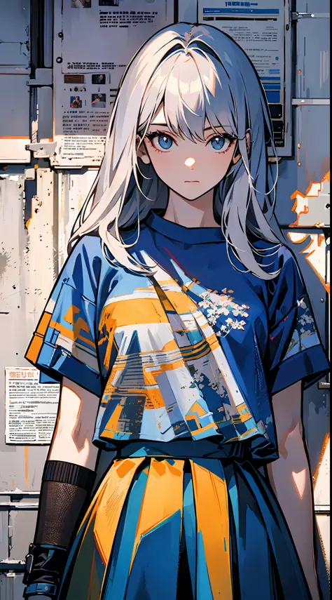 Upper body close-up, cyberpunk city, a girl standing in front of a wall with newspaper on the wall, silver hair, long hair, facial focus, black eyes, witty and beautiful facial features, green print t-shirt, apricot skirt, split long skirt, embroidery patt...