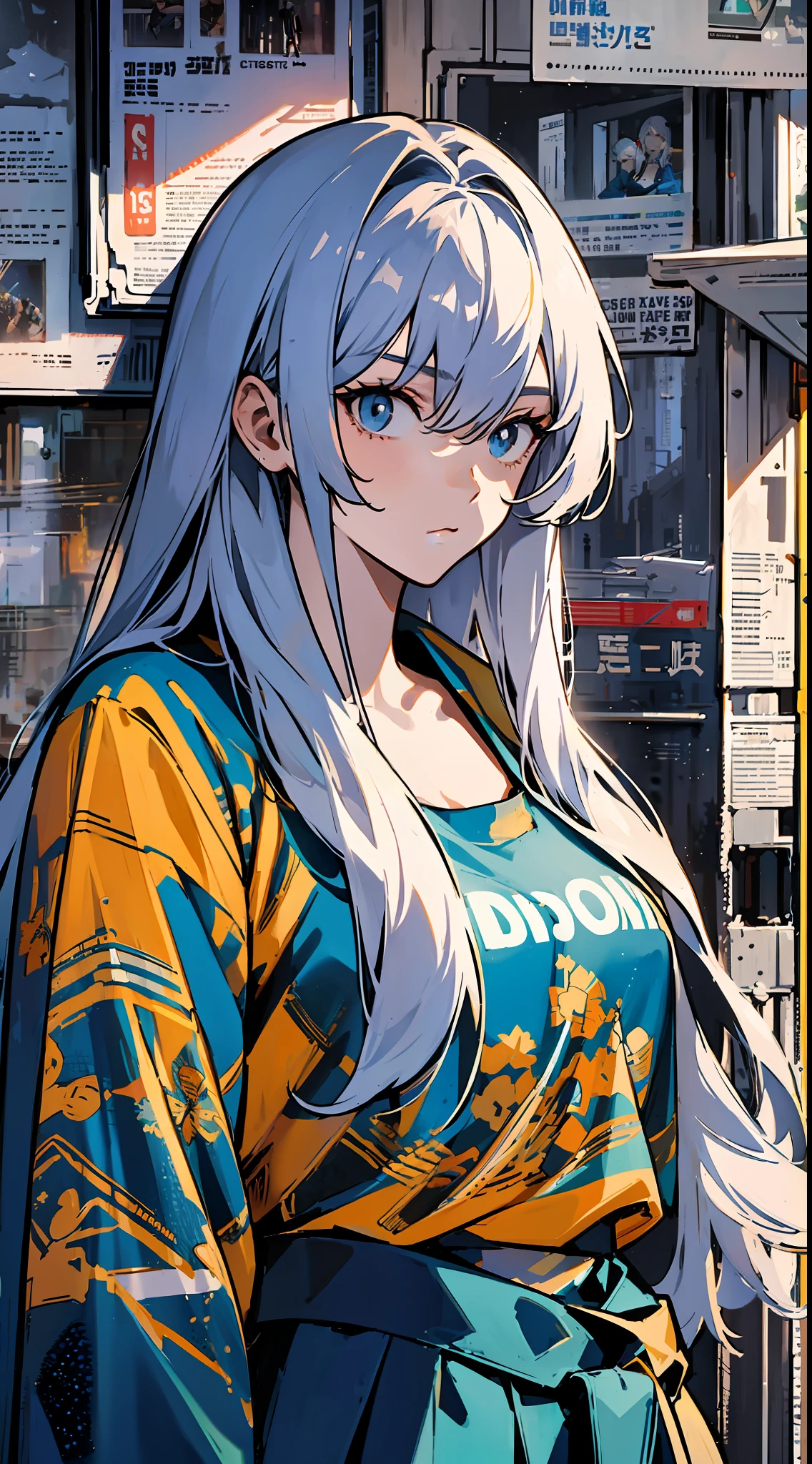 Upper body close-up, cyberpunk city, a girl standing in front of a wall with newspaper on the wall, silver hair, long hair, facial focus, black eyes, witty and beautiful facial features, green print t-shirt, apricot skirt, split long skirt, embroidery pattern, dynamic pose, HDR, detailed details, fashion, cinematic light, detailed clothing texture, game CG, bright art style, real shadows