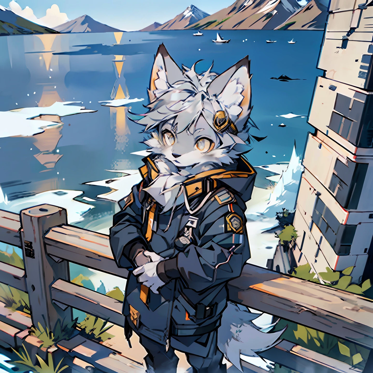 (Best Quality), (Masterpiece), ((Solitary)), (Ultra Detailed), (Furry), (Furry), (Male Arctic Fox: 1.5), (Gray Skin: 1.3), (Fluffy Tail: 1.2), (Golden Eyes), (Arctic Fox's Paws), (Grey Ears), , Sharp Focus, (Furry Feeling of Animal Ears), (((Navy Uniform)), Standing by the Sea, Standing on the Dock, Leaning against the Guardrail, Detailed Background, Detailed People