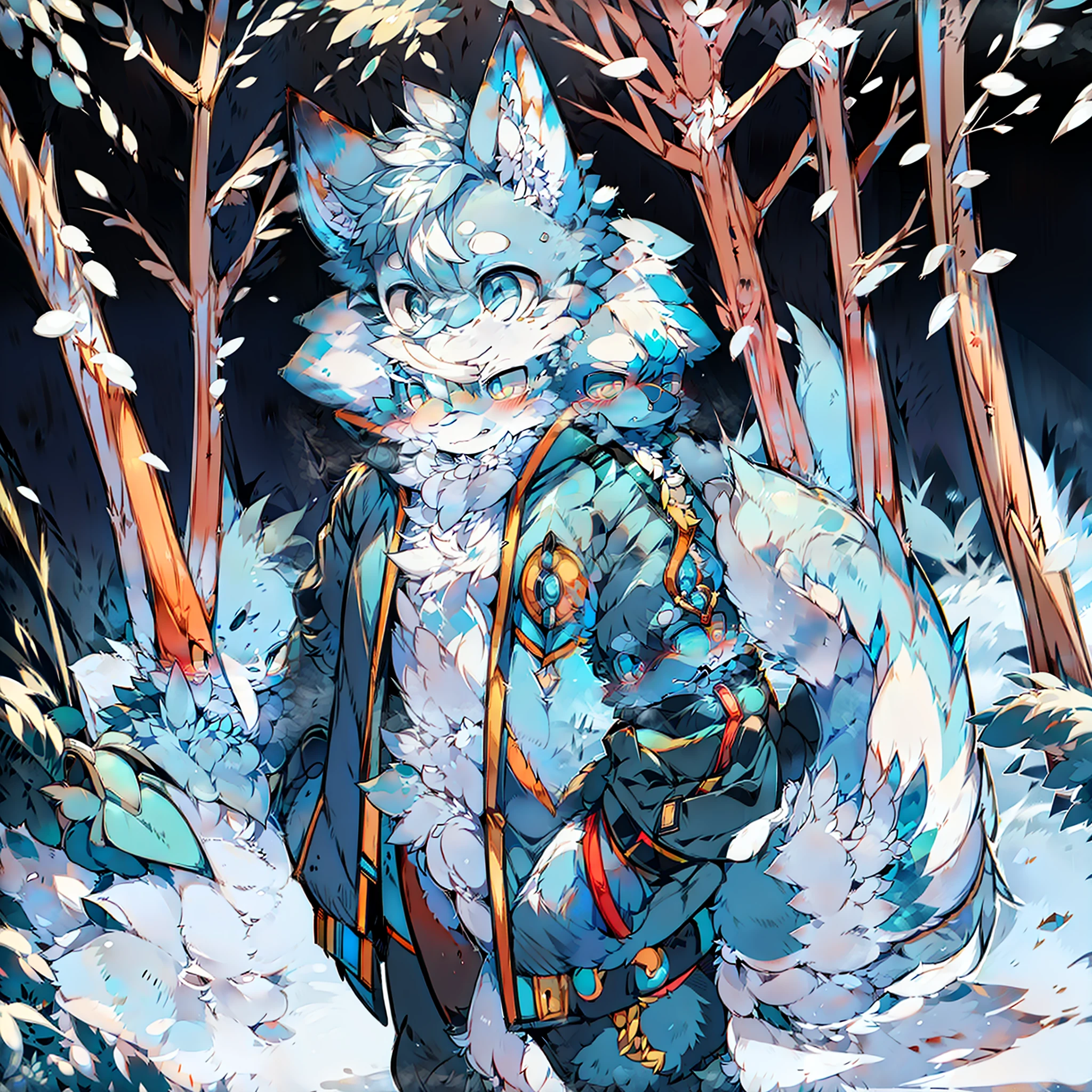 Пушистый самец, два синих белых узора, лиса, яркие зрачки, большой хвост, стоящий, в синей хлопчатобумажной куртке, снег, гора, снег