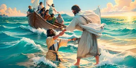 jesus walking on water with a boat in the background, jesus walking on water, biblical illustration, epic biblical representatio...