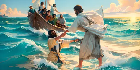 jesus walking on water with a boat in the background, jesus walking on water, biblical illustration, epic biblical representatio...