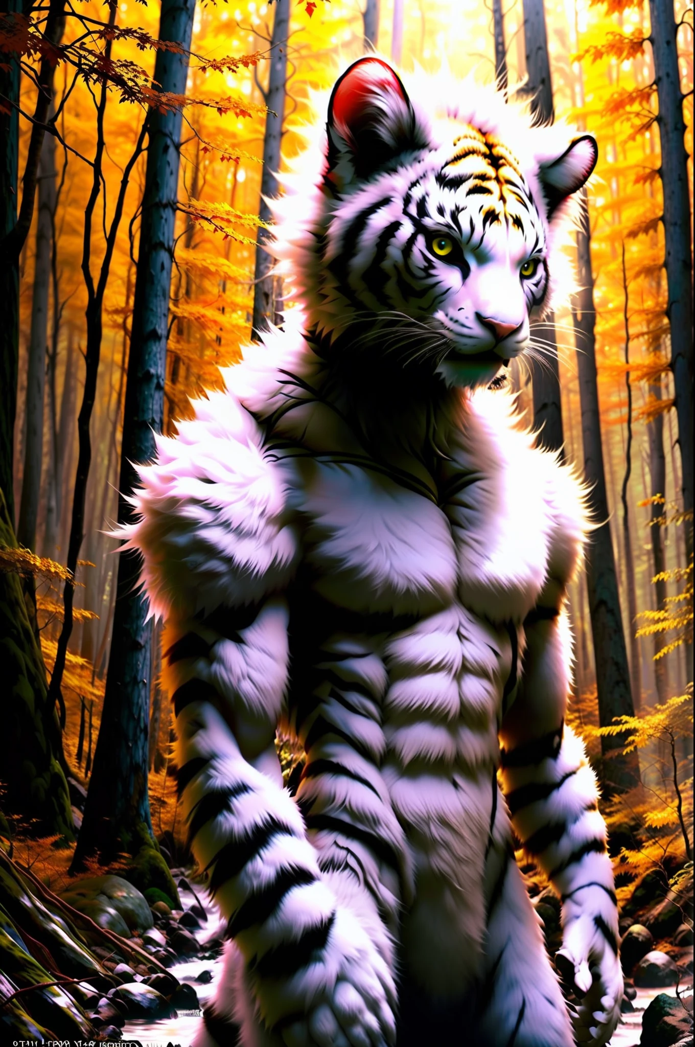 foto cruda, hombre criatura, tigre hombre gato, white Fur, cabeza grande, in a Forest, 80mm, F/1.8