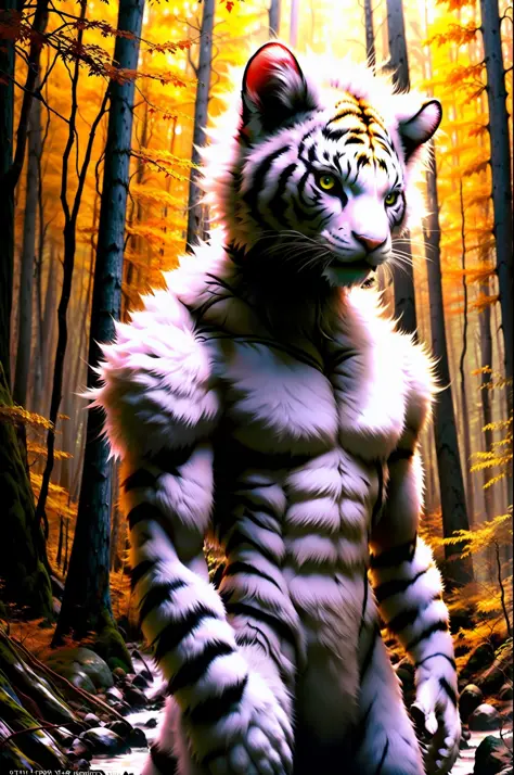 RAW photo, werecreature, werecat tiger, white fur, large head, in a forest, 80mm, f/1.8