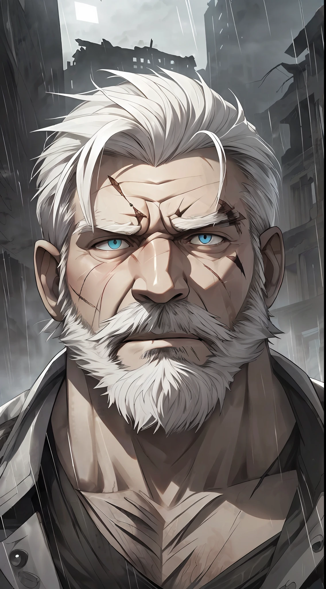 extremely detailed, (detailed face (eye scar, angry face, intimidate, sharp eyes)), detailed eyes, detailed muscle, (view full body), ((1man)), (object (big muscular old man man (sad, sad expression) standing with face up looking sad expression behind the building)), the old man is doctor and wearing dirty doctor uniform, old man (big muscular, big muscle, bodybuilder, facial hair, beaded, white beard, battel scar face, short hair, white hair), (background ((heavy rain, fog, overcast sky, gray clouds, waster land, post-apocalypse, ruined city))), (photography (50mm lens, cinematic, cinematic color))