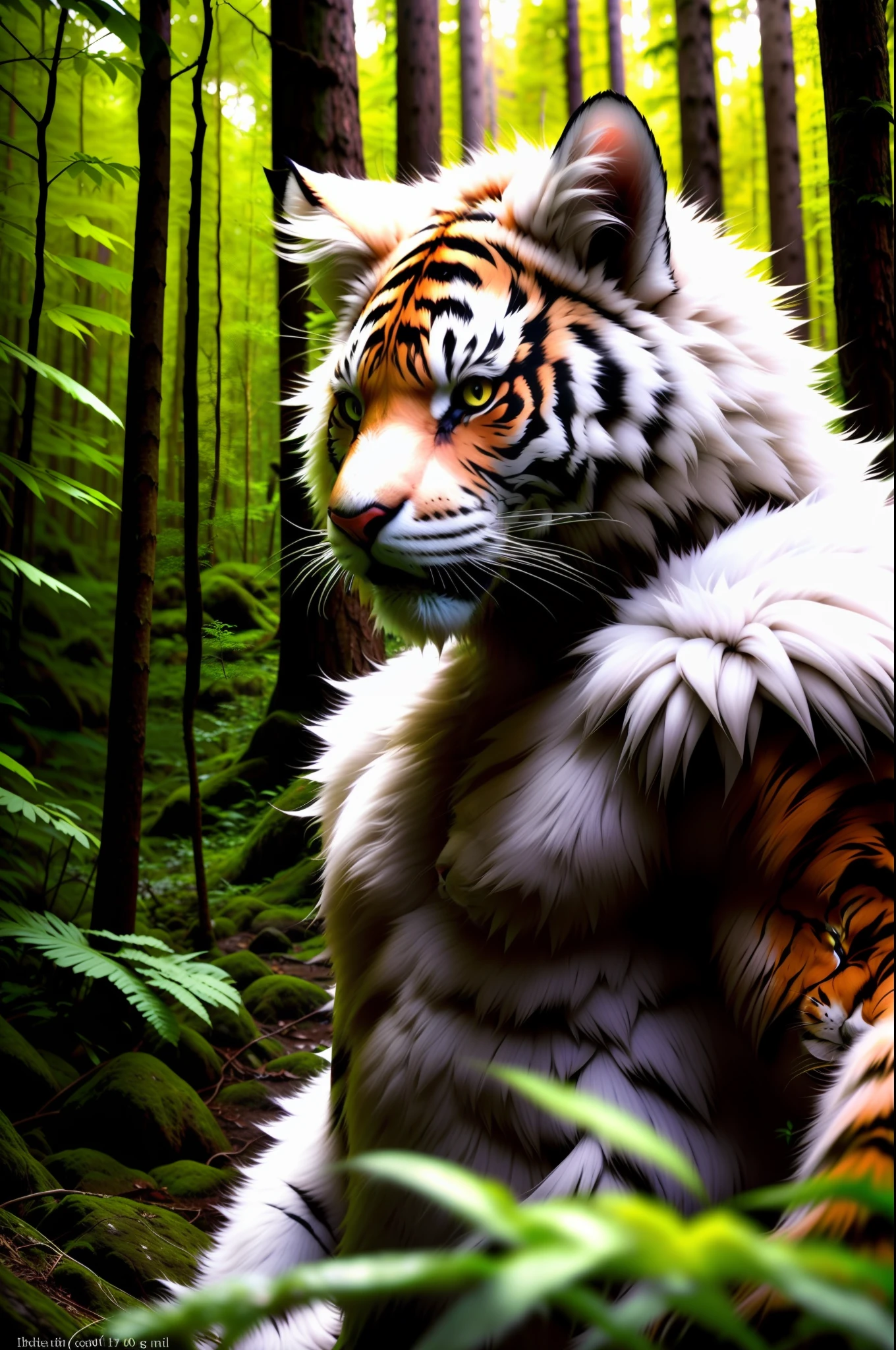 Foto CRU, criatura humana, tigre homem-gato, white Fur, cabeça grande, in a Forest, 80mm, F/1.8