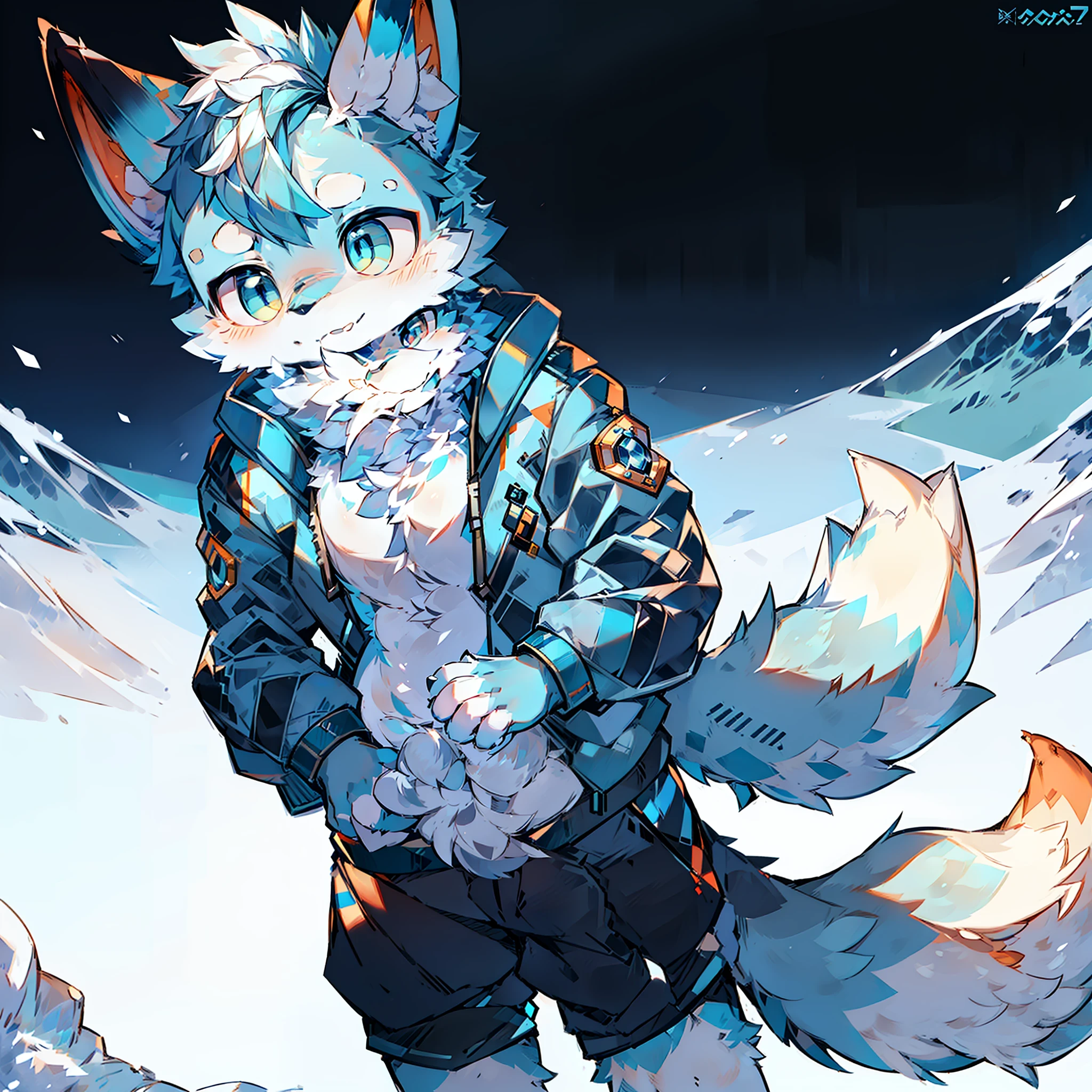 Macho peludo com dois padrões azuis e brancos de raposa, pupilas brilhantes, cauda grande, vestindo jaqueta de algodão azul, neve, montanha, neve