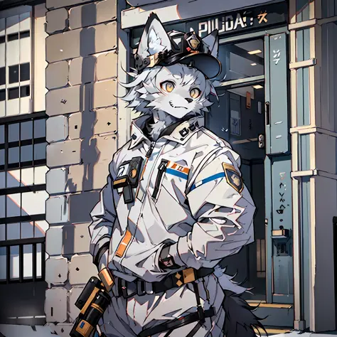 (Best Quality), (Masterpiece), ((Solitary)), (Ultra Detailed), (Furry), (Furry), (Male Arctic Fox: 1.5), (Grey Skin: 1.3), (Fluffy Tail: 1.2), (Golden Eyes), (Arctic Fox's Paws), (Grey Ears), , Sharp Focus, (Furry Animal Ears), ((Police Cap)), Police Cloth...