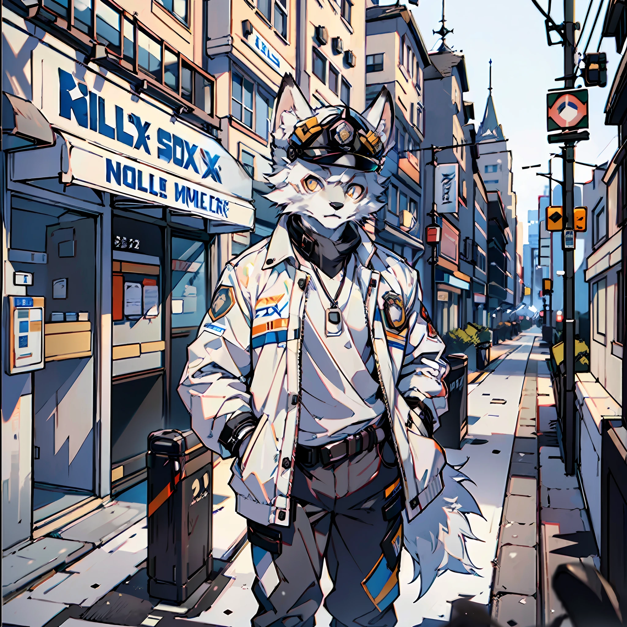 (Best Quality), (Masterpiece), ((Solitary)), (Ultra Detailed), (Furry), (Furry), (Male Arctic Fox: 1.5), (Grey Skin: 1.3), (Fluffy Tail: 1.2), (Golden Eyes), (Arctic Fox's Paws), (Grey Ears), , Sharp Focus, (Furry Animal Ears), ((Police Cap)), Police Clothes, Police Attire, Standing in Front of Police Station, Detailed Background