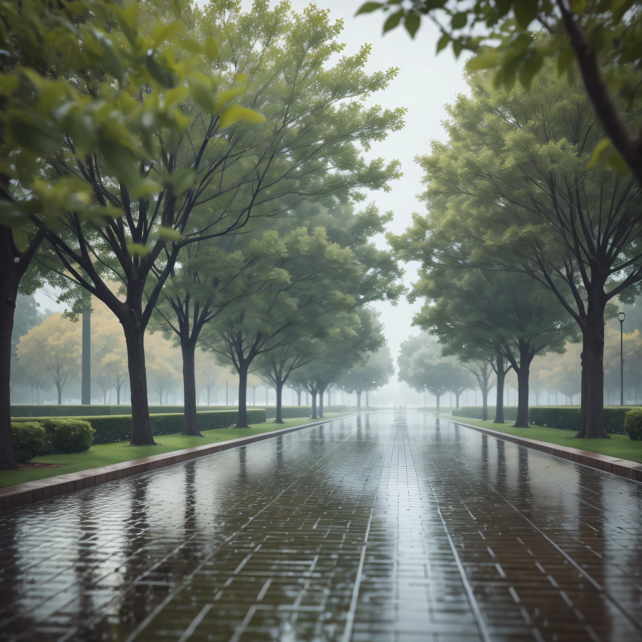 lluvia, hermoso parque, Liso, enfoque nítido, 8K, renderizado de octanaje,