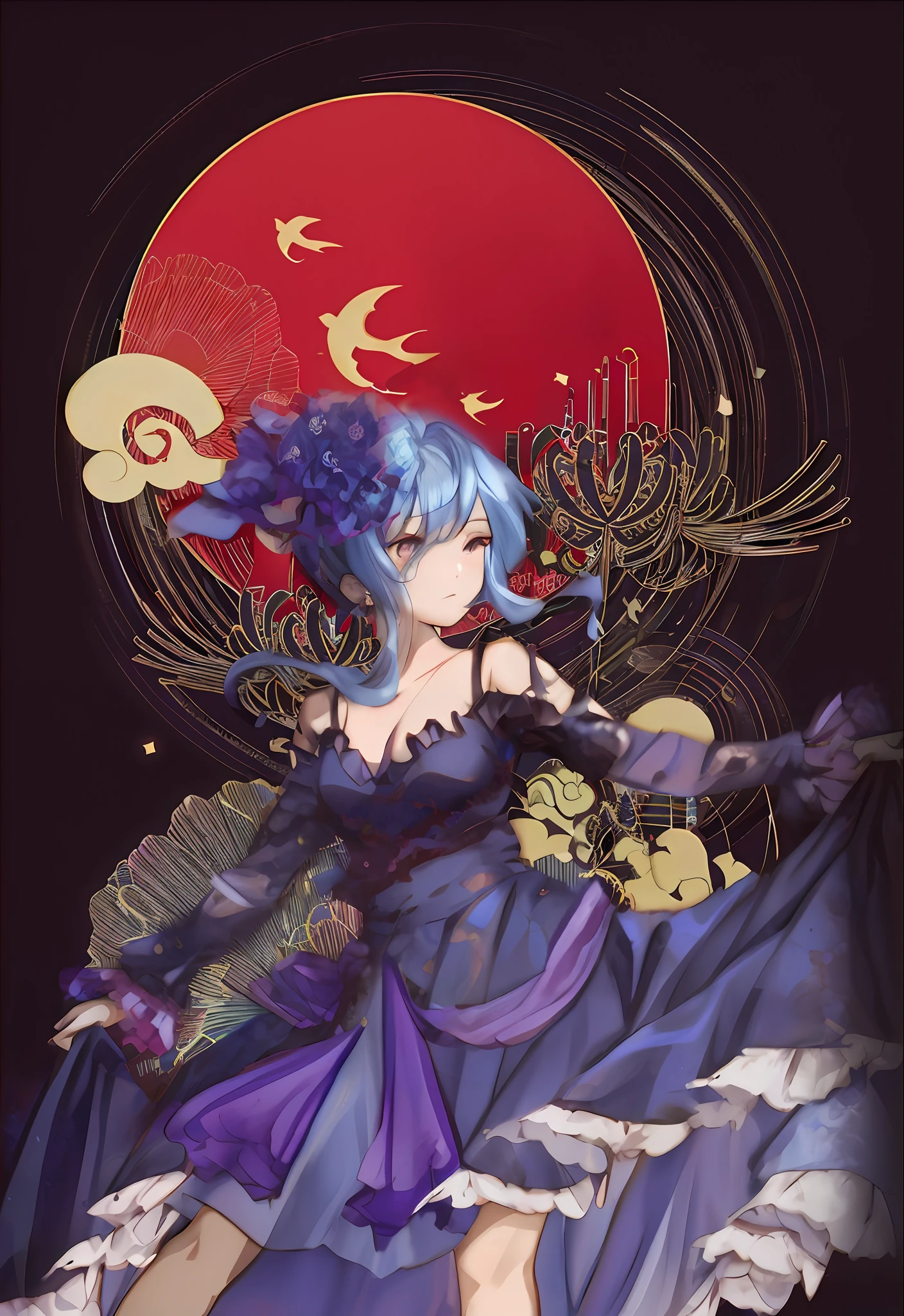 anime - style illustration of a woman in a blue dress with a red background, anime art nouveau, from touhou, anime fantasy illustration, korean art nouveau anime, anime style 4 k, 2d art cover, rem rezero, pixiv contest winner, digital art on pixiv, anime fantasy artwork, anime graphic illustration, anime illustration, anime art nouveau cosmic display