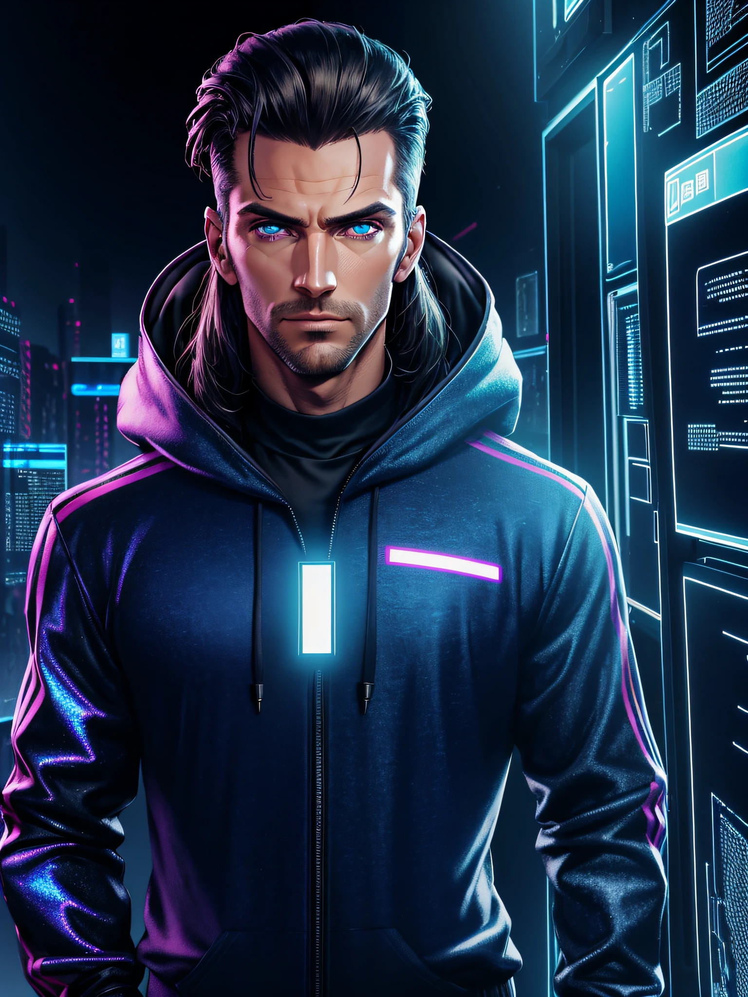 (absurdres, highres, ultra detailed), 1 male, mature, manly, tall muscular, handsome, finely detailed eyes, intricate details, portrait, looking at viewer, solo, half shot, detailed background, detailed face, (1980s synthwave theme:1.1)  high-tech futuristic hacker, smirk, advanced technology, hoodie, techwear, wearable device, keycard, cables,   (holographic display:1.05),   computer, password, control panel in background, blue lights,  dark sinister atmosphere, shadows,