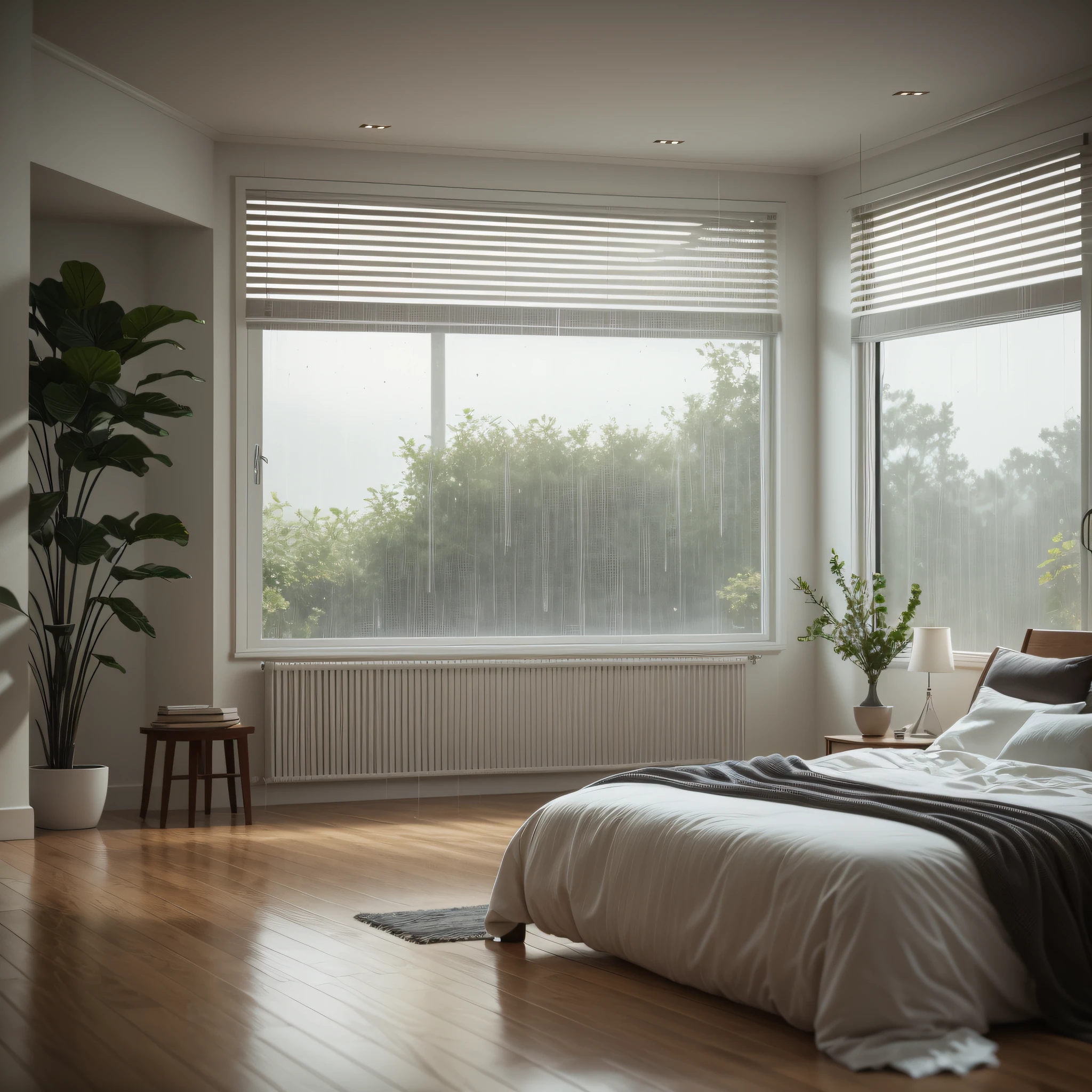 schönes Interieur, Regen draußen, glatt, scharfer Fokus, 8k, octane render,