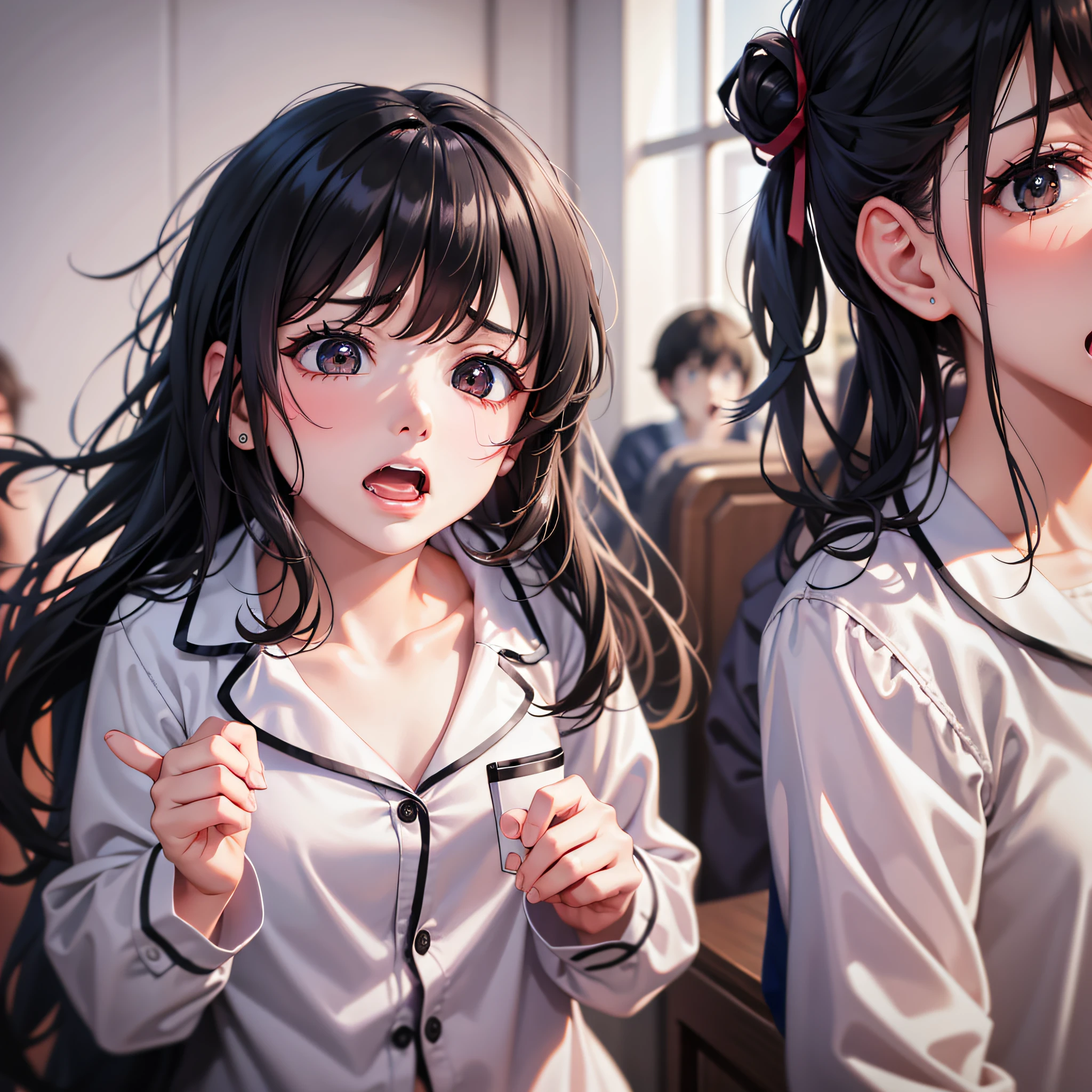 Girl, pajamas, screaming, black hair, panic, 4k