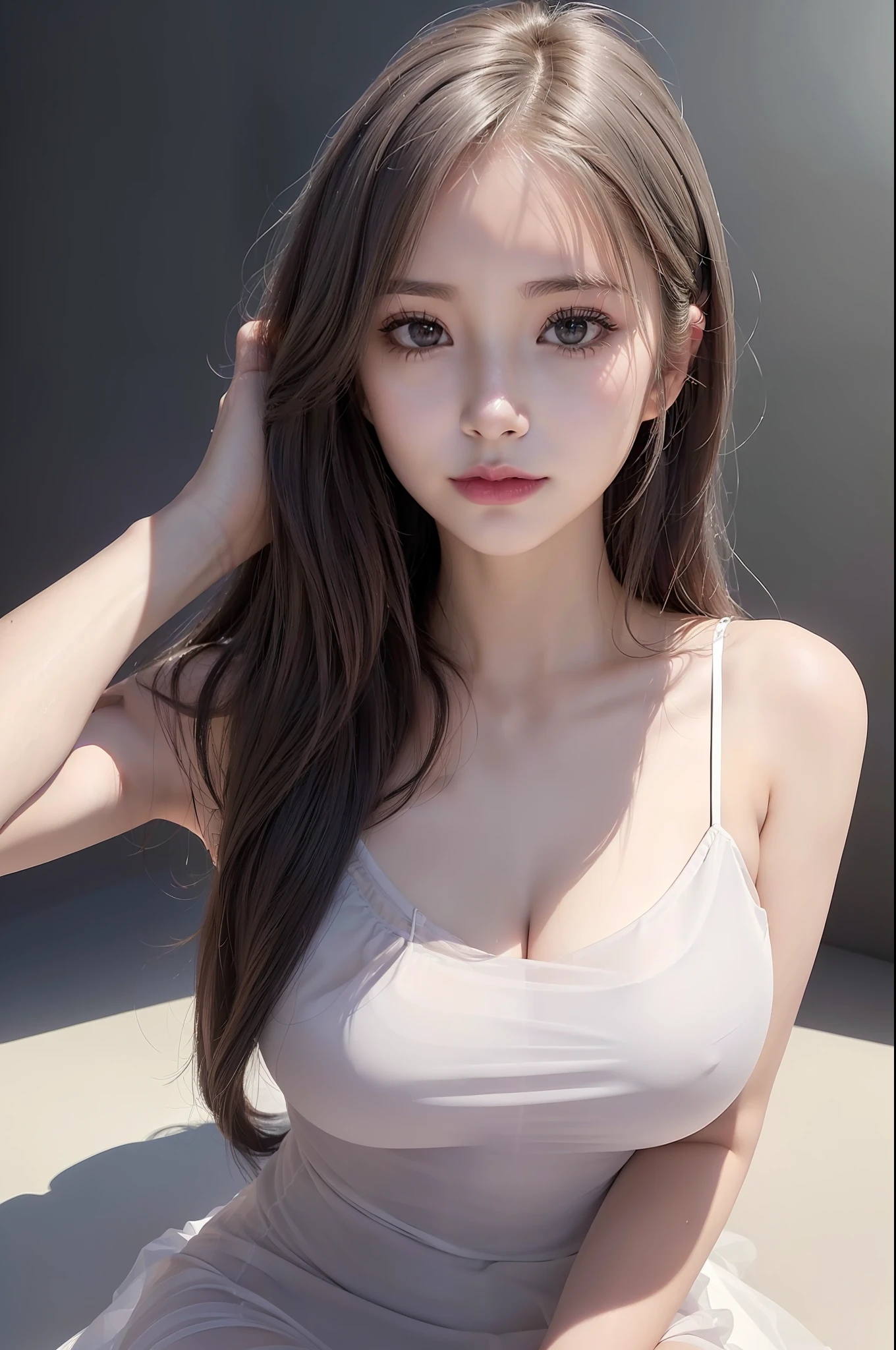 photo of a 18 y.o girl, beautiful vintage color, instagram (photorealistic, high resolution:1.4), ((puffy eyes)), looking at viewer, , full body (8k, RAW photo, best quality, masterpiece:1.2), (realistic, photo-realistic:1.37), (sharp focus:1.2), professional lighting, photon mapping, radiosity, physically-based rendering, (pale skin:1.2), (medium breasts:1.2), looking at viewer, (middle hair:1.5), portrait, purple eyes, (sliver hair:1.1), bangs, (simple background:1.4), solo, upper body, realistic, (masterpiece:1.4), (best quality:1.4), (shiny skin), fashion girl, makeup, smile(skinny, closed mouth,shy:1.3), (sheer sun dresses:1.5513), (standing:1.1), medium bust, sexy pose, {NSFW:1.2},