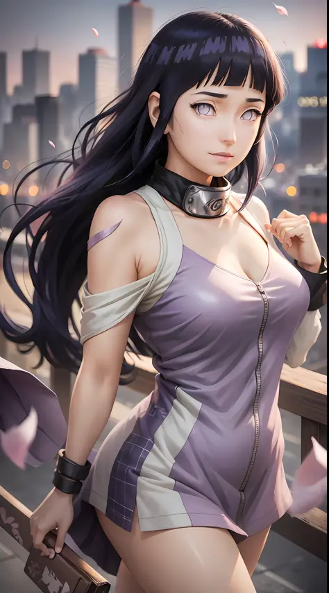 Amidst the bustling streets of a vibrant city, Hinata Hyûga from Naruto stands on a rooftop, overlooking the urban landscape. Th...