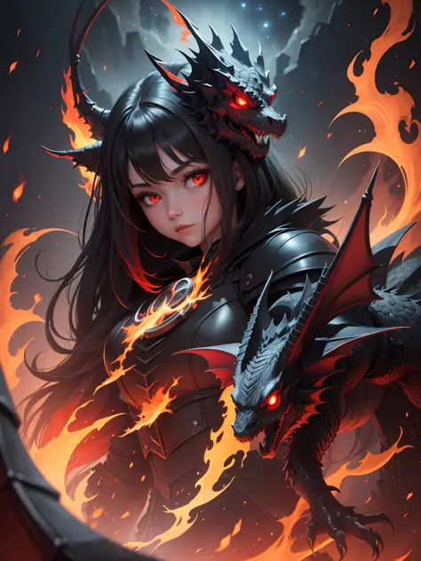 a girl and a black dragon with glowing red eyes, fire in the background, night sky --auto --s2