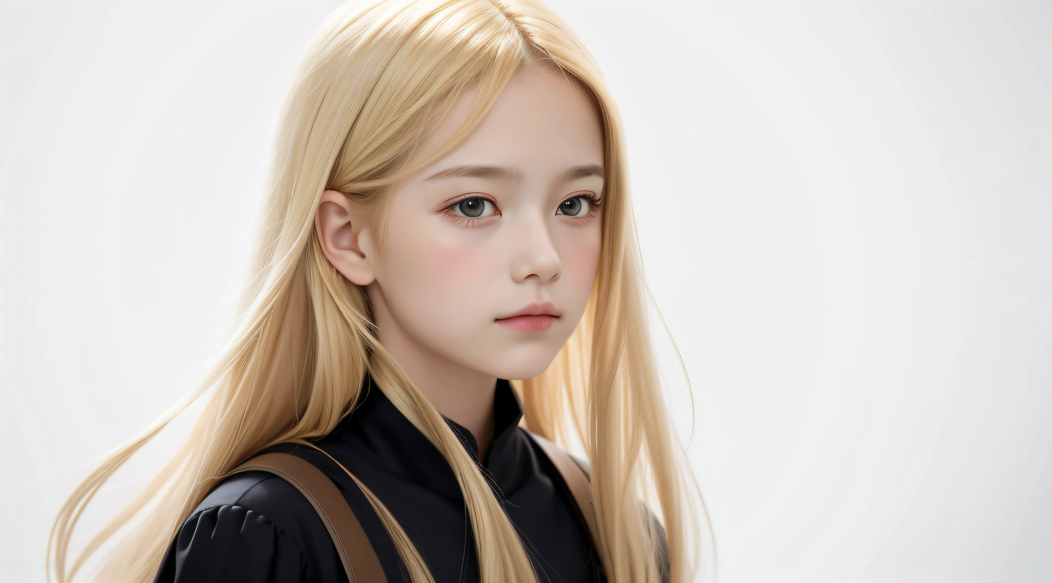 masterpiece, best quality, realistic, child girl with blonde hair, long hair, broad shoulders, small head, upper body, (white background: 1.3), closed mouth